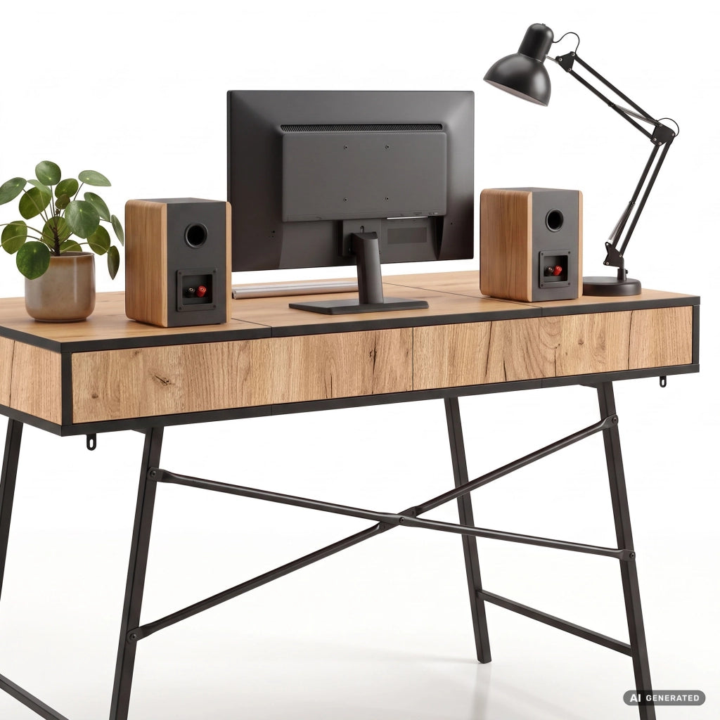 Scrivania industriale per computer Rovere Craft ARDEN 120 cm 2 cassetti 1 ripiano gambe nere