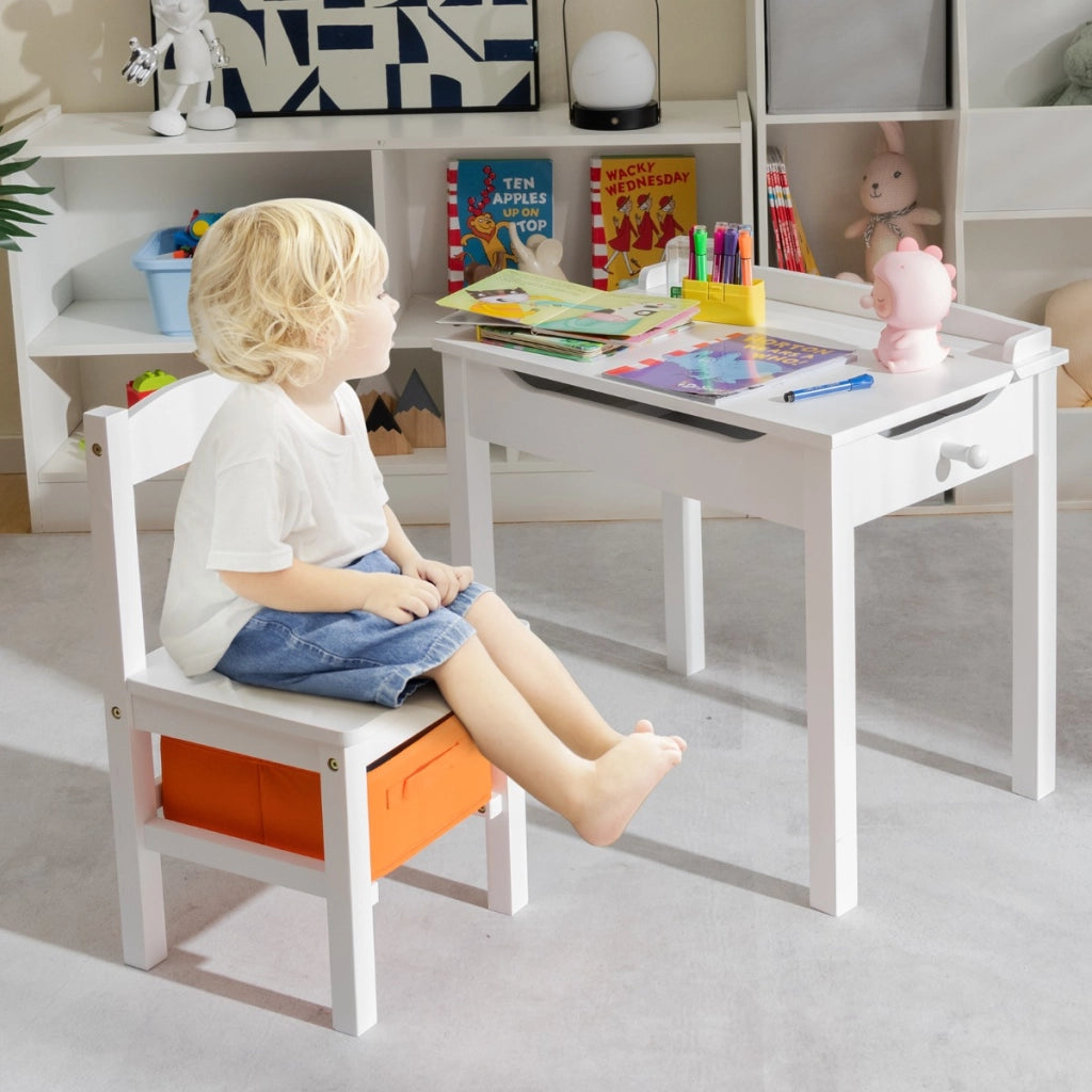 Set tavolo e sedia per bambini in legno massello, Scrivania ribaltabile con sedia per stanza giochi asilo Bianco-Tavoli e sedie
