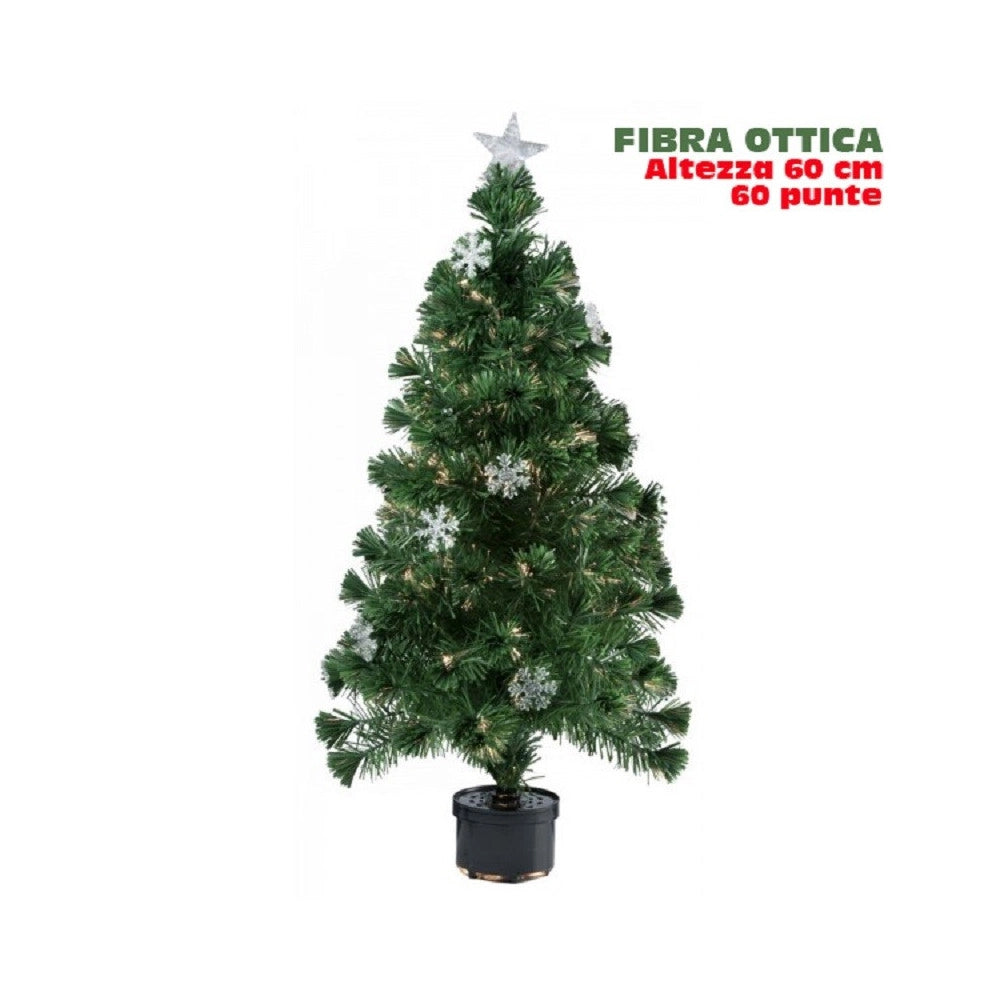 Trade Shop - Albero Di Natale Fibra Ottica Snow 60cm 60 Punte 9 Fiocchi Di Neve Verde -