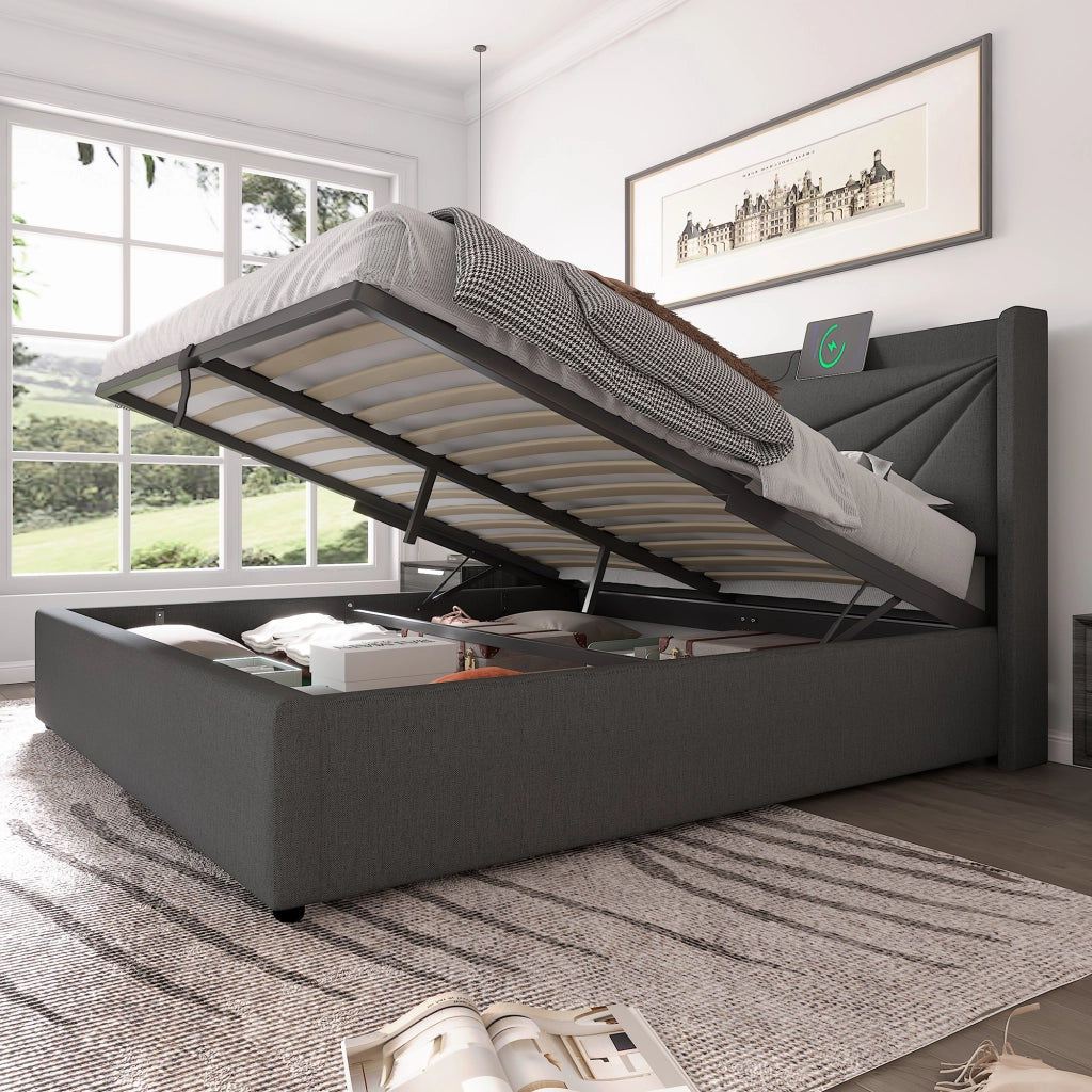 Letti contenitori 180x200 cm con ricarica USB e Type-C; cotone lino; grigio (Senza materasso)