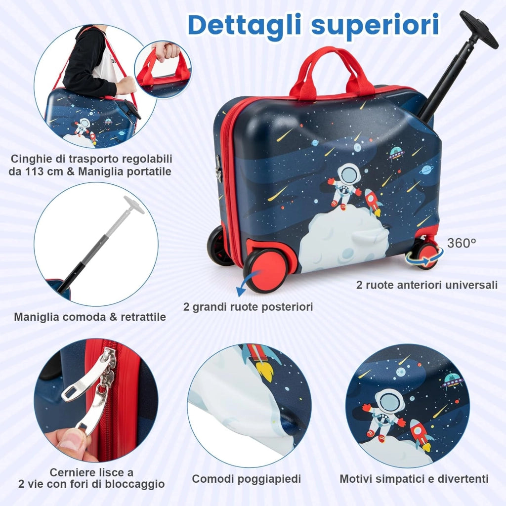 Valigia Cavalcabile per Bambini, 18" Valigia+ 12" Zaino,2 Pezzi, Trolley Bambini Bagaglio a Mano con Ruote Girevoli e Maniglia Retrattile, 2 Cingie Multiuso (Modello 4)