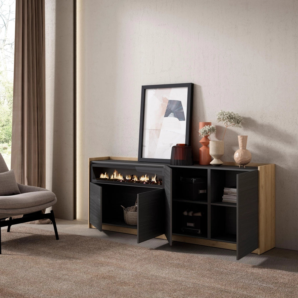 Credenza, Mobile, Cucina, 207x80x37 cm, 4 Porte, Camino elettrico, Nero e rovere