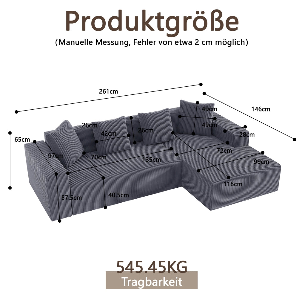 Divano modulare 261x146x65 cm con chaise longue; seduta profonda; velluto a coste grigio