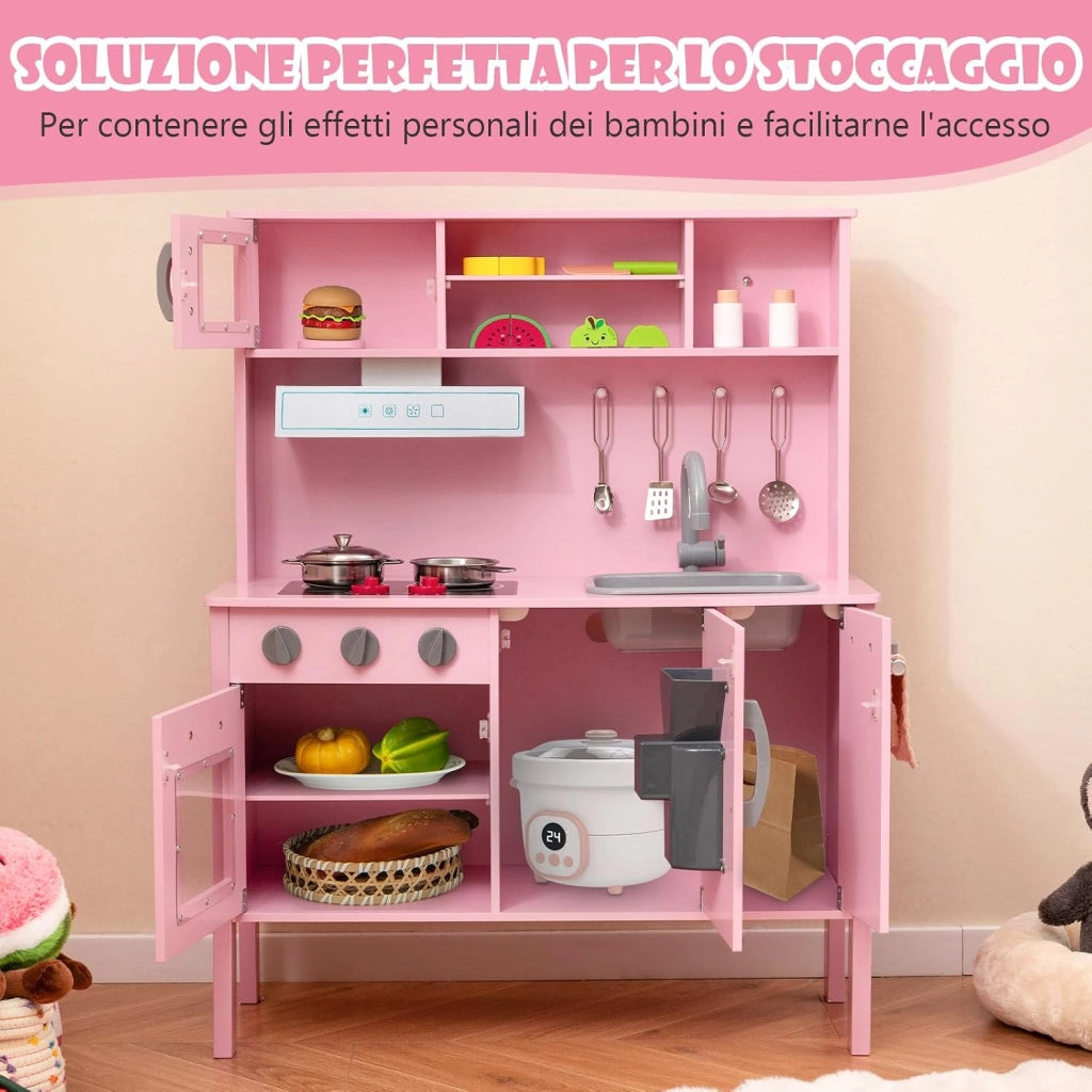 Cucina Giocattolo per Bambini in Legno, Cucina per Bambini con Microonde, Cappa Aspirante, Forno, Macchina del Ghiaccio, Lavello e Rubinetto, Manopole con Suoni, per 3-6 Anni (Rosa)