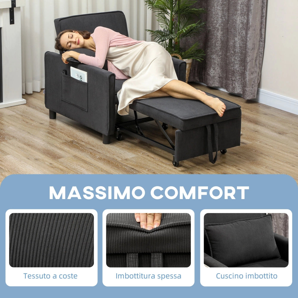 Poltrona Letto Reclinabile 74x84x81 cm in Tessuto Effetto Velluto Grigio Scuro