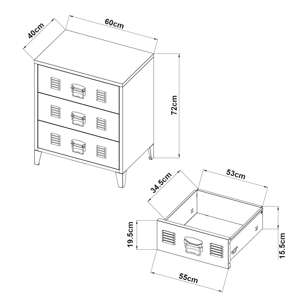 Cassettiera Hämeenlinna in Acciaio 72 x 60 x 40 cm Nero [en.casa]