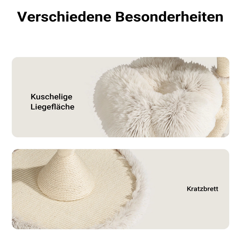 Fudajo Albero tiragraffi per gatti di design con 3 piattaforme, Ø 59 cm, altezza 125 cm, portata max. 15 kg, beige con sisal e peluche, colonna con 3 livelli