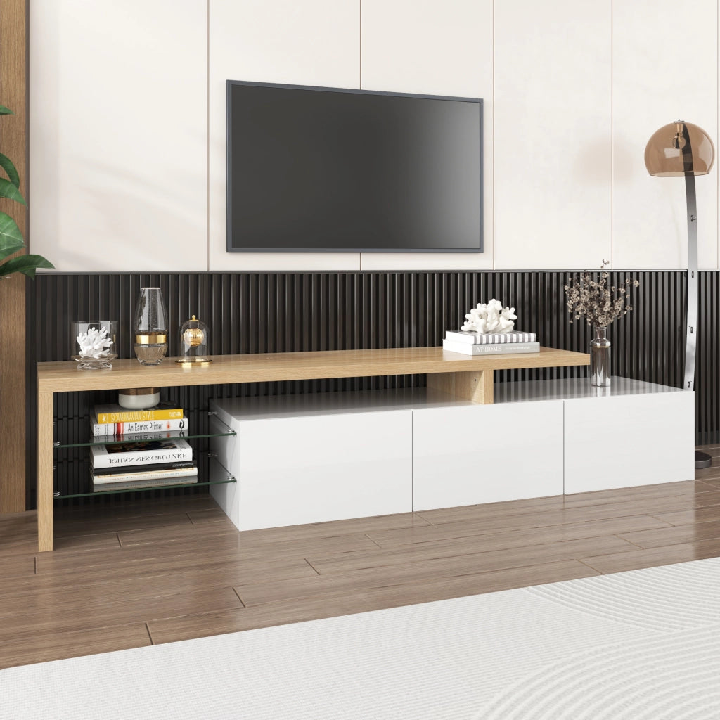 Mobile TV con 3 Ante; Ripiani in Vetro e LED controllato da App per Soggiorno; 197.5 × 39 × 42 cm