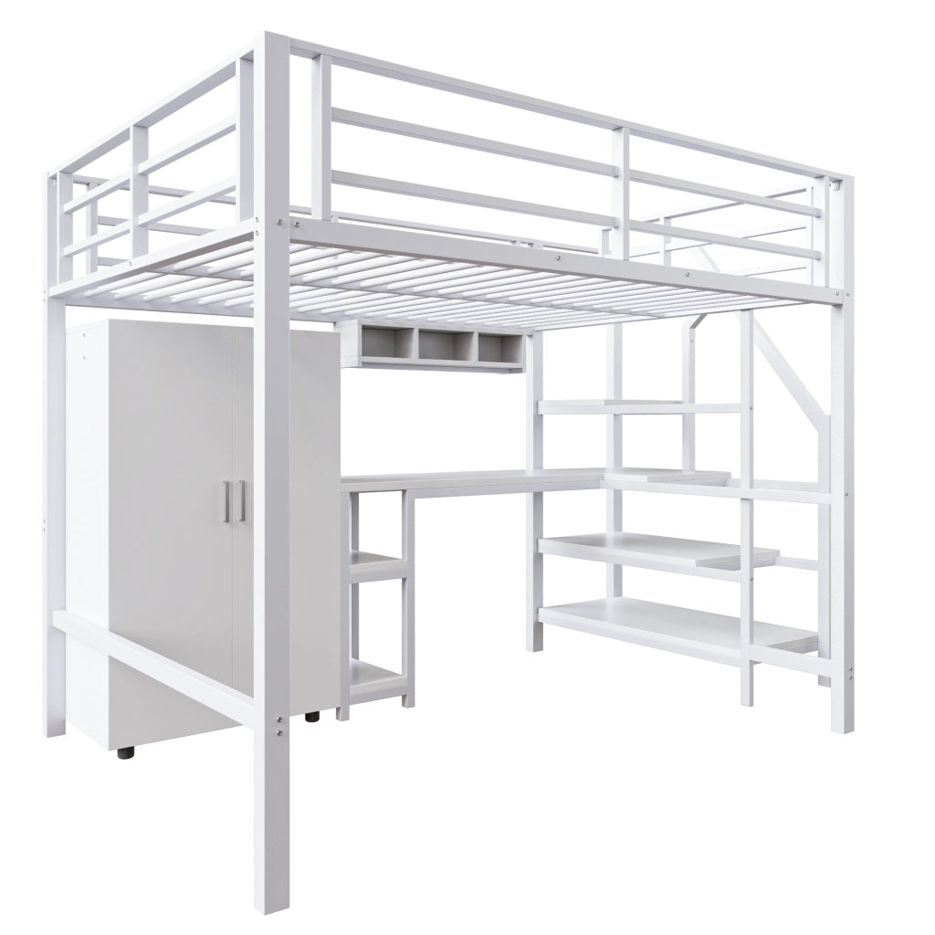 OKWISH Letto a Soppalco 140×200 cm, Letto Matrimoniale con Armadio, Scaffali, Scala con Contenitore e Scrivania, senza Materasso, Bianco