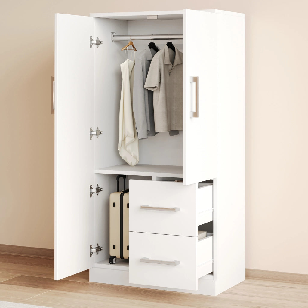 Armadio con 2 ante e 2 cassetti, vano contenitore, per camera da letto, bambini e ragazzi, in legno, bianco, 70 × 40 × 135 cm
