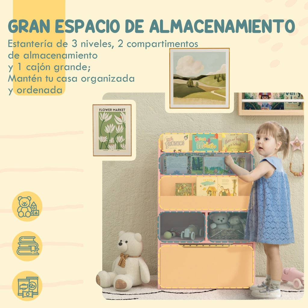 Libreria Bambini Legno Rosa ¨C Xylo ¨C 3 Ripiani 2 Cassetti Ruote 60x29,9x90 cm