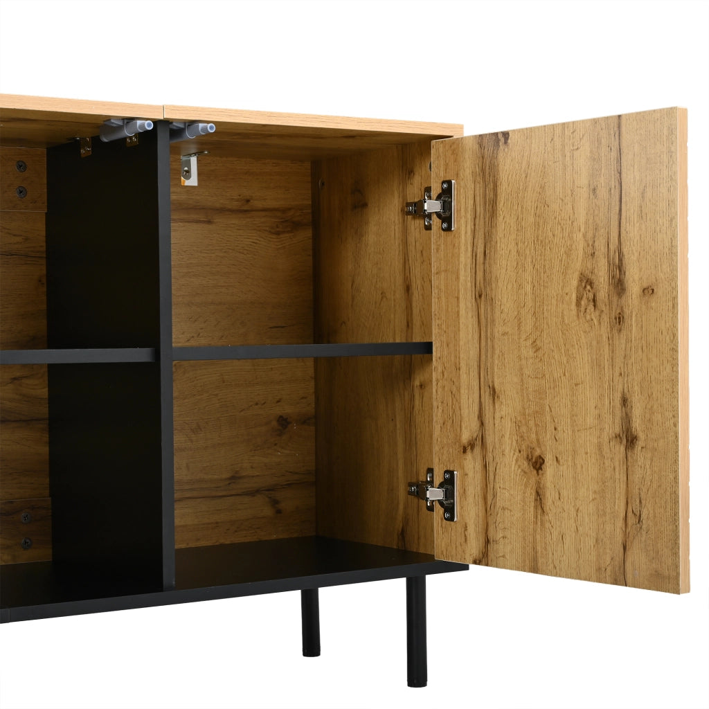 Credenza 120¡Á35¡Á68 cm con 3 ante push-open, motivo a onde, 6 vani, finitura effetto legno, portata fino a 50 kg