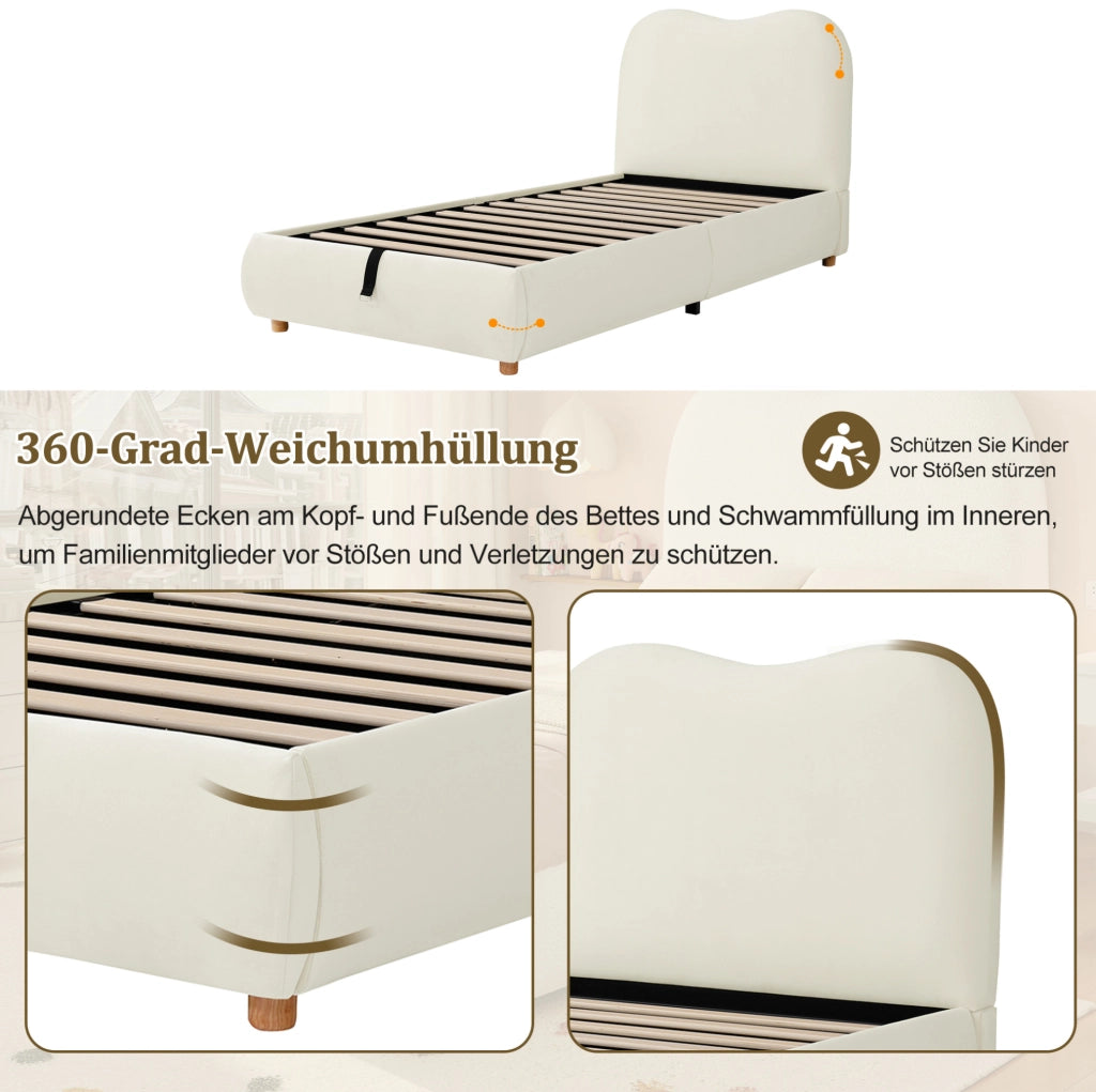 Letto imbottito per bambini in velluto beige con contenitore e rete a doghe