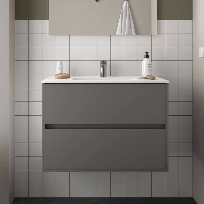 Mobile bagno sospeso Claros80 grigio opaco con lavabo 2 cassetti 80x45x56h
