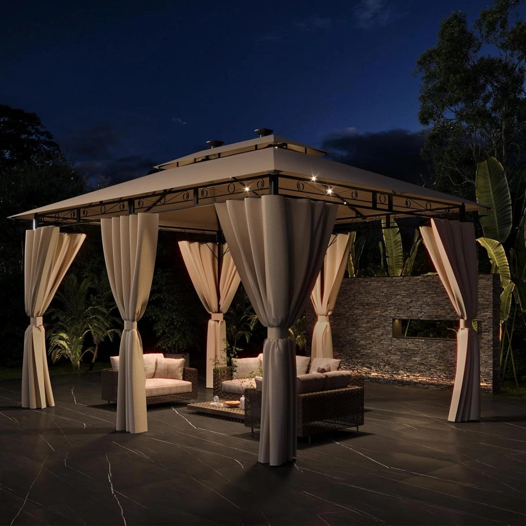 Gazebo Esterno Resistente 3x4m con Luce LED, Gazebo da Giardino Impermeabile Robusto per 6-8 Persone, Doppio Tetto Protezione UV50+, Tenda da Giardino per Famiglie Festival Eventi, Beige