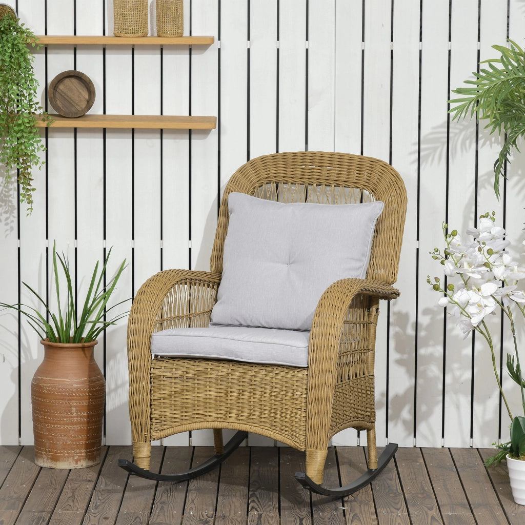Poltrona dondolo stile boho ¨C Xylo ¨C rattan PE, cuscini lavabili, naturale + grigio chiaro