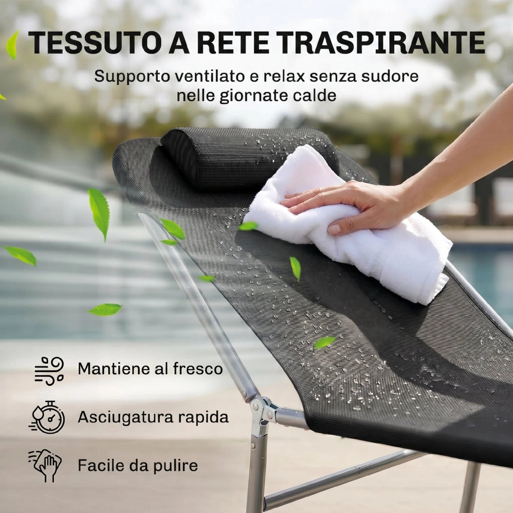 Lettino Prendisole Pieghevole con Schienale Reclinabile e Cuscino, 182x56x24.5cm