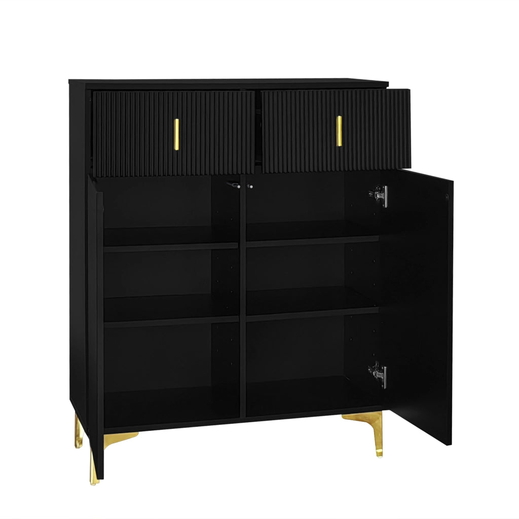 Credenza con 2 cassetti e 2 ante, ripiani regolabili, pannelli strutturati in truciolato nero 83 × 35 × 101 cm
