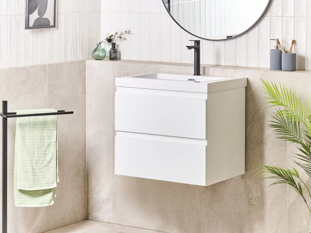 Mobiletto pensile con lavabo in legno MDF 2 cassetti 60 x 46 cm bianco stile moderno
