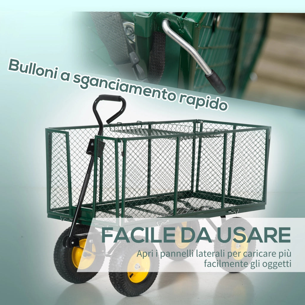 EasyComfort Carrello da Giardino in Acciaio con Pareti Laterali Ribaltabili e 4 Ruote, Capienza 342L, Verde