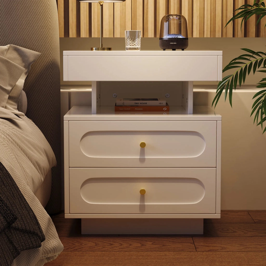 Comodino con illuminazione LED, 2 cassetti e 1 vano aperto, bianco, 100x40x60 cm