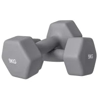 Set 2 Manubri Esagonali da 9 kg in Metallo e Plastica con Impugnatura Antiscivolo, 25x11x11cm, Grigio