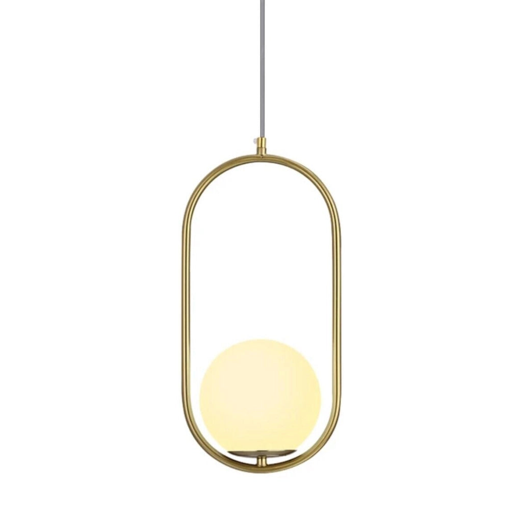Lampadario a sospensione da soffitto in alluminio color oro bronzo con sfera e attacco per lampadine G9