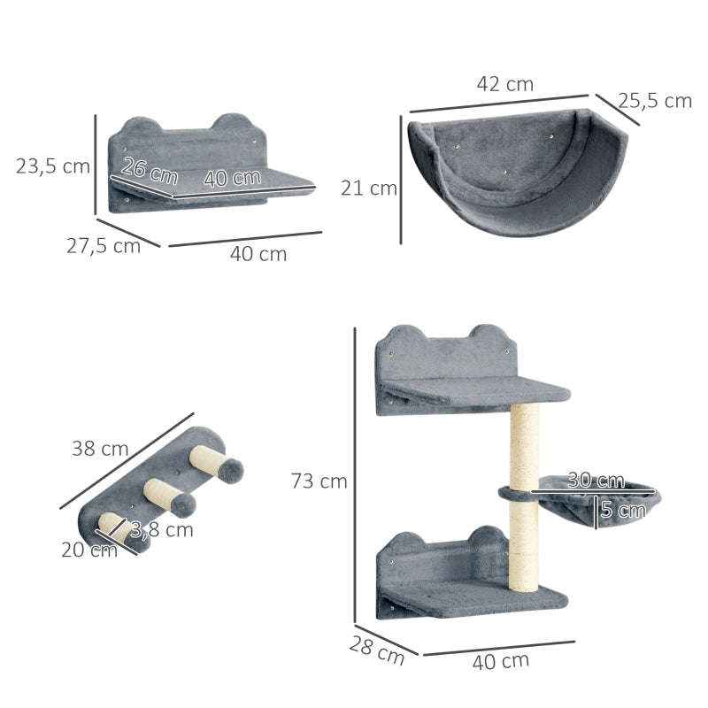 Parete arrampicata per gatti a 4 pezzi con tiragraffi, piattaforma, scala e cuccia semicircolare, grigio