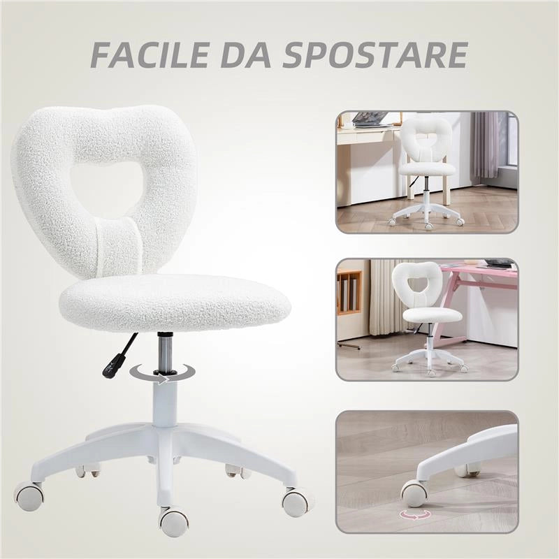 SEDIA DA UFFICIO IMBOTTITA CON SCHIENALE A CUORE E ROTELLE IN VELLUTO TEDDY E PLASTICA 45X56X78-88 CM BIANCO