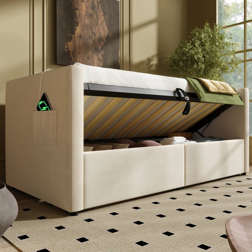 Divano letto imbottito 90x200 cm beige in velluto con contenitore e ricarica USB