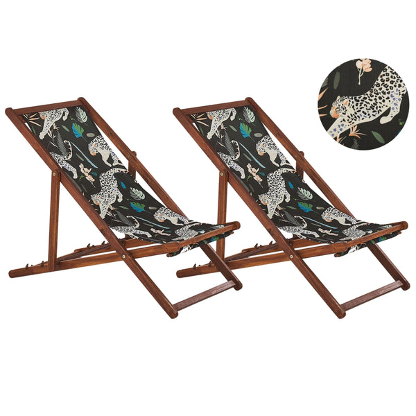 Set di 2 sedie a sdraio da giardino con struttura in legno di acacia scuro motivo animale tessuto amaca sedile reclinabile