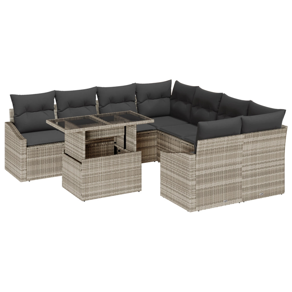 Set di divani da giardino a 9 pezzi con cuscini grigio chiaro in polirattan