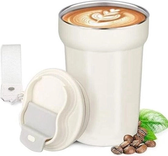 Tazza da viaggio termica, tazza termica per caffè da viaggio, caffè da viaggio, tazza di caffè portatile con coperchio e maniglia, tazza per la strada, per caffè e tè in viaggio, bianca, 450 ml