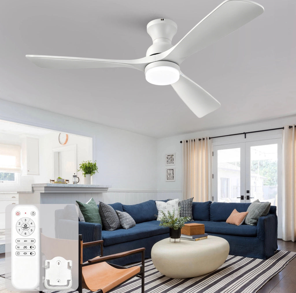 Ventilatore da soffitto bianco 52 pollici con luce LED; 3 pale in legno; telecomando