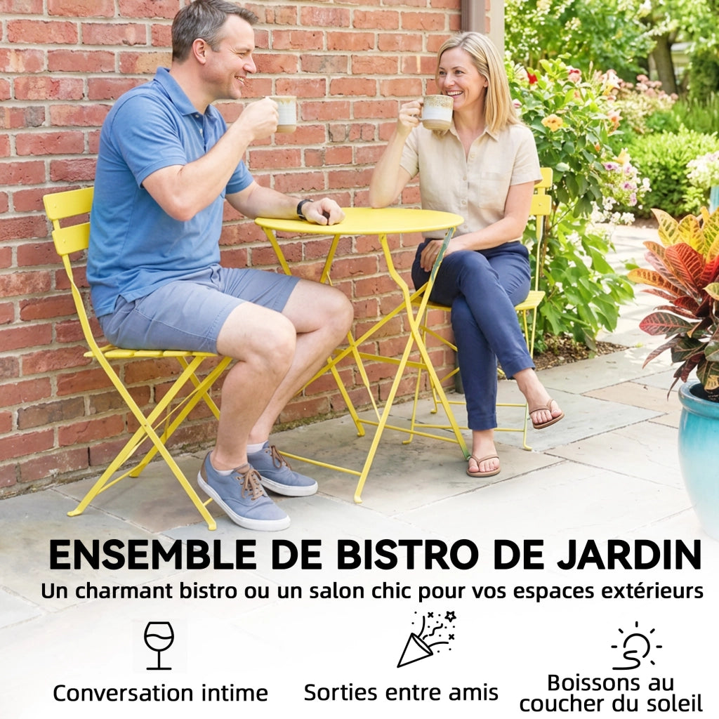 Set Giardino Tavolo e Sedie Pieghevoli ¨C zephmum ¨C Giallo, Legno, 3 Pezzi