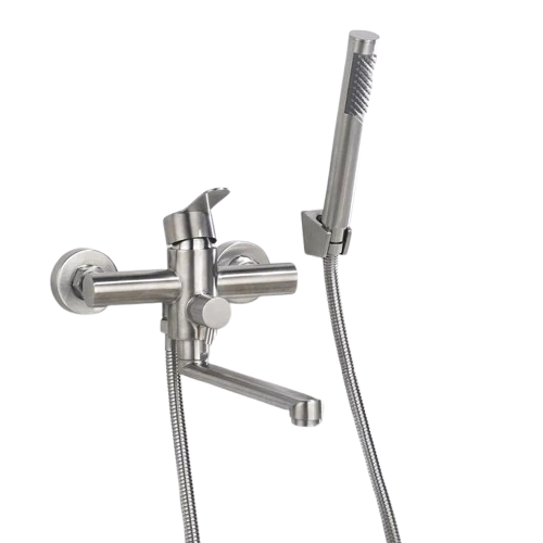 MAX| Miscelatore Catering a parete Argento | Rubinetto cucina professionale in acciaio inox con doccetta | Beccuccio piatto da parete per ristorante