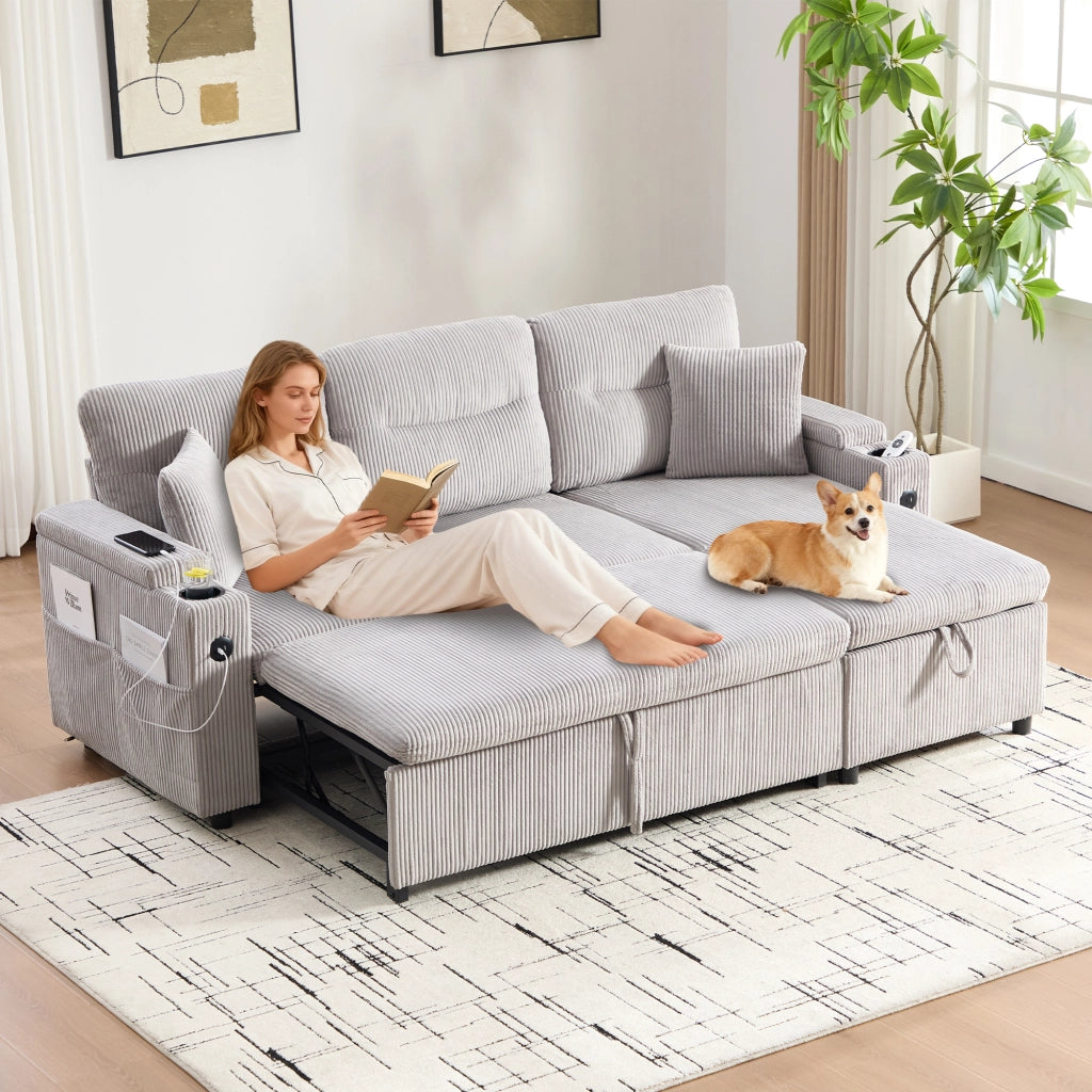 Divano letto a 3 posti con chaise longue idraulica, letto estraibile, USB-C e tessuto a coste grigio chiaro