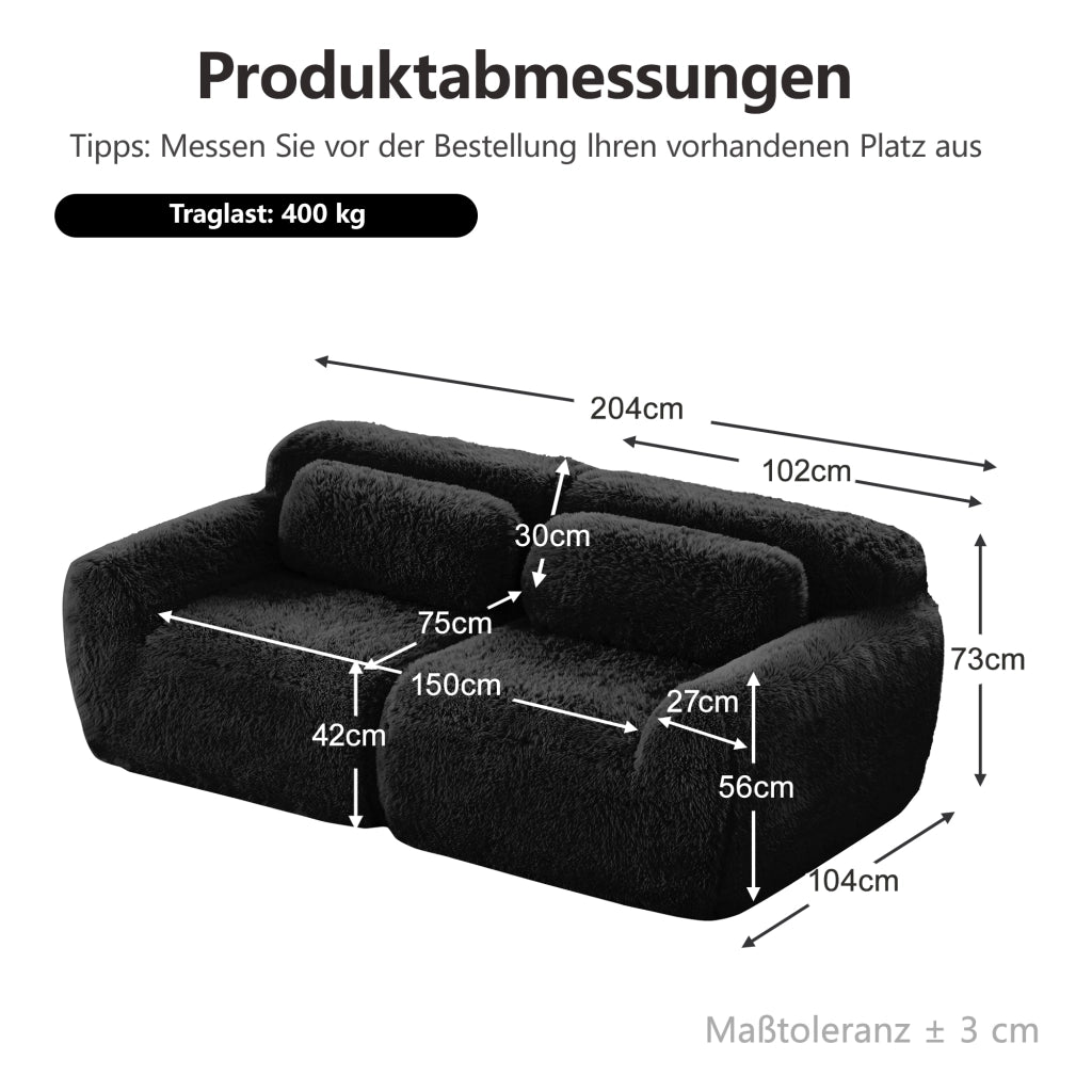 Divano modulare 2 Posti con Cuscini, Design senza Struttura, Base Antiscivolo, in Peluche Nero 204 × 104 × 73 cm