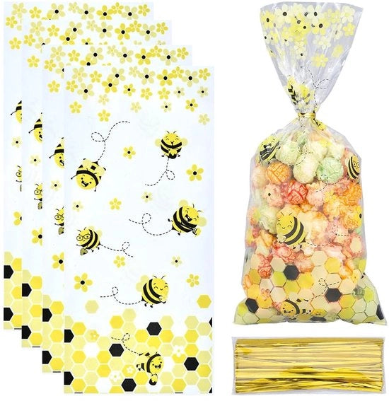 ONF3 - Sacchetti di Cellofan - Borse per Dolci - 100 pezzi - Giallo con Disegno di Api - Decorazioni per Feste - 27,5x12,5 cm - Adatto per Compleanni e Matrimoni