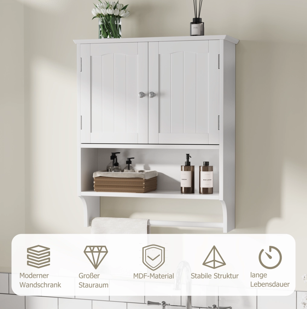 Armadio pensile da bagno bianco in MDF con ripiani regolabili