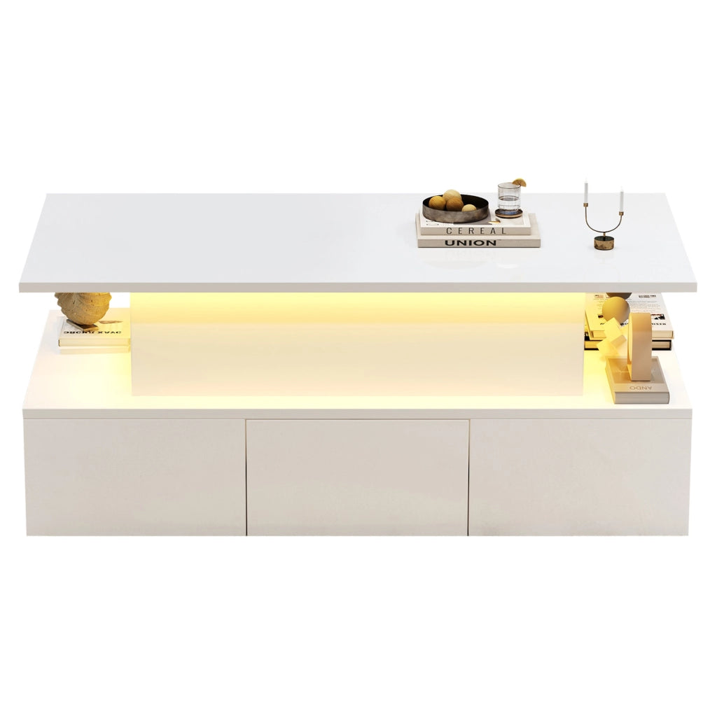 Tavolino da caffè elevabile LED bianco 100x50 cm con 4 cassetti e USB