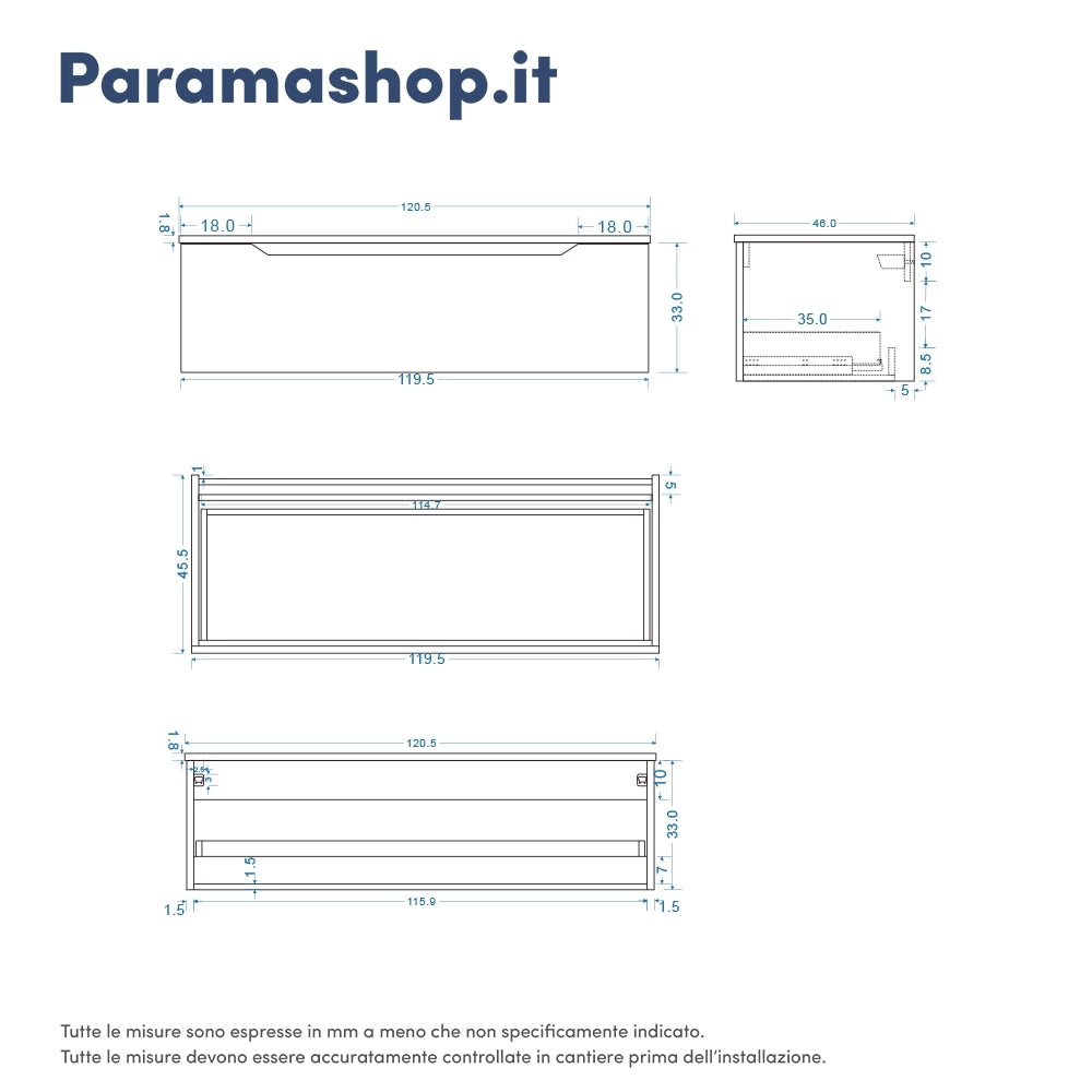 Mobile bagno sospeso modulare 120 cm sabbia opaco due cassetti con top | Bako