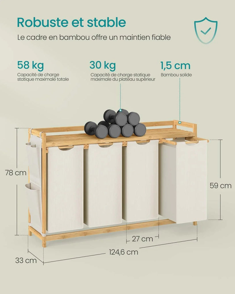 Cesto portabiancheria con 4 scomparti cesto portabiancheria in bambù capacità 200 litri con ripiano e tasche laterali 124,6 x 33 x 78 cm beige 12_0007979