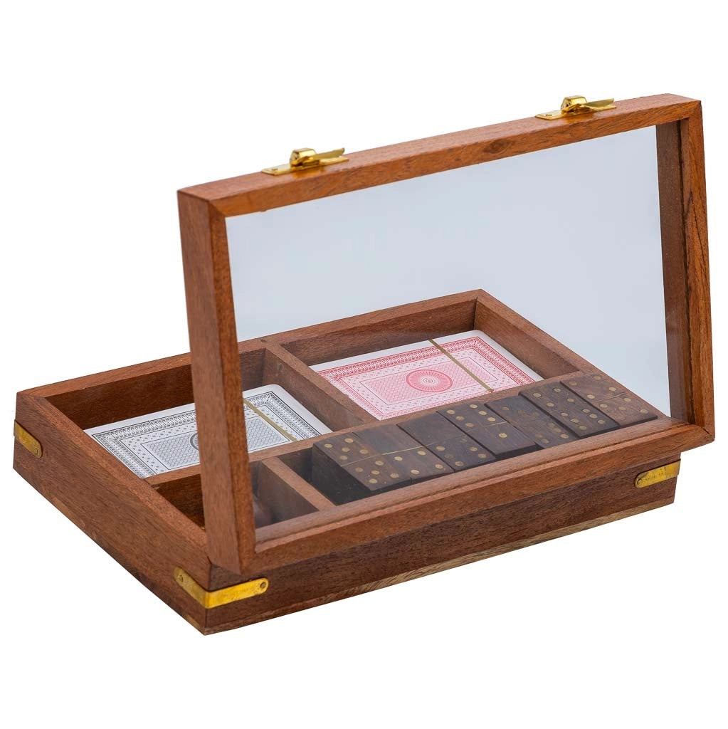 Gioco 3/1 (dadi+domino+carte) in una scatola, legno marrone 15,5x13x5