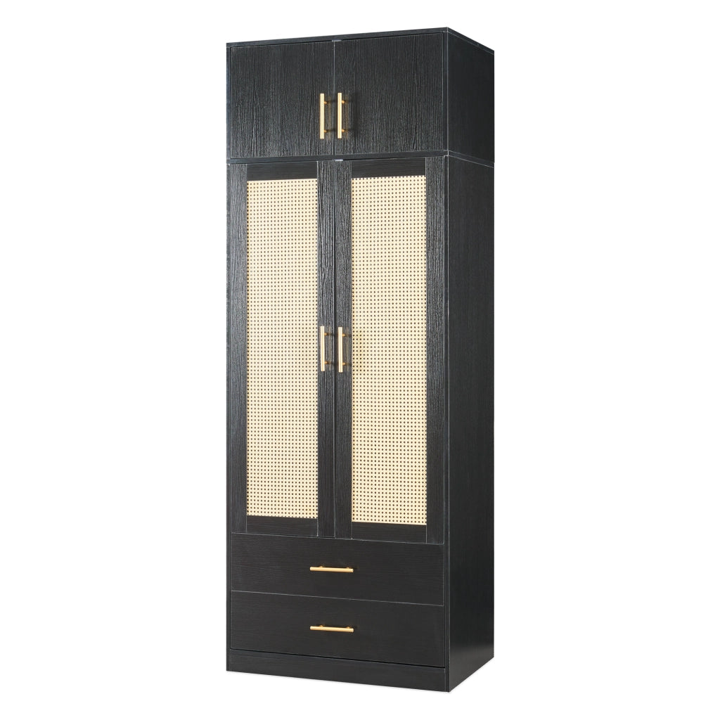 Armadio da Guardaroba Larundi con 4 Ante e 2 Cassetti 216 x 80 x 52 cm - Nero/Effetto Rattan [en.casa]