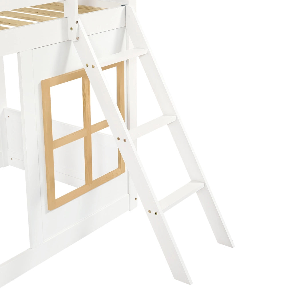 Letto a castello per bambini in pino, MDF e compensato, bianco e naturale, 90x200 cm con finestre decorative e scala robusta