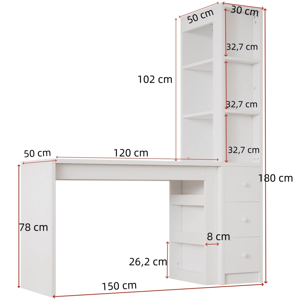 Scrivania con libreria 150x50x180 cm con 3 cassetti e vano laterale in MDF bianco