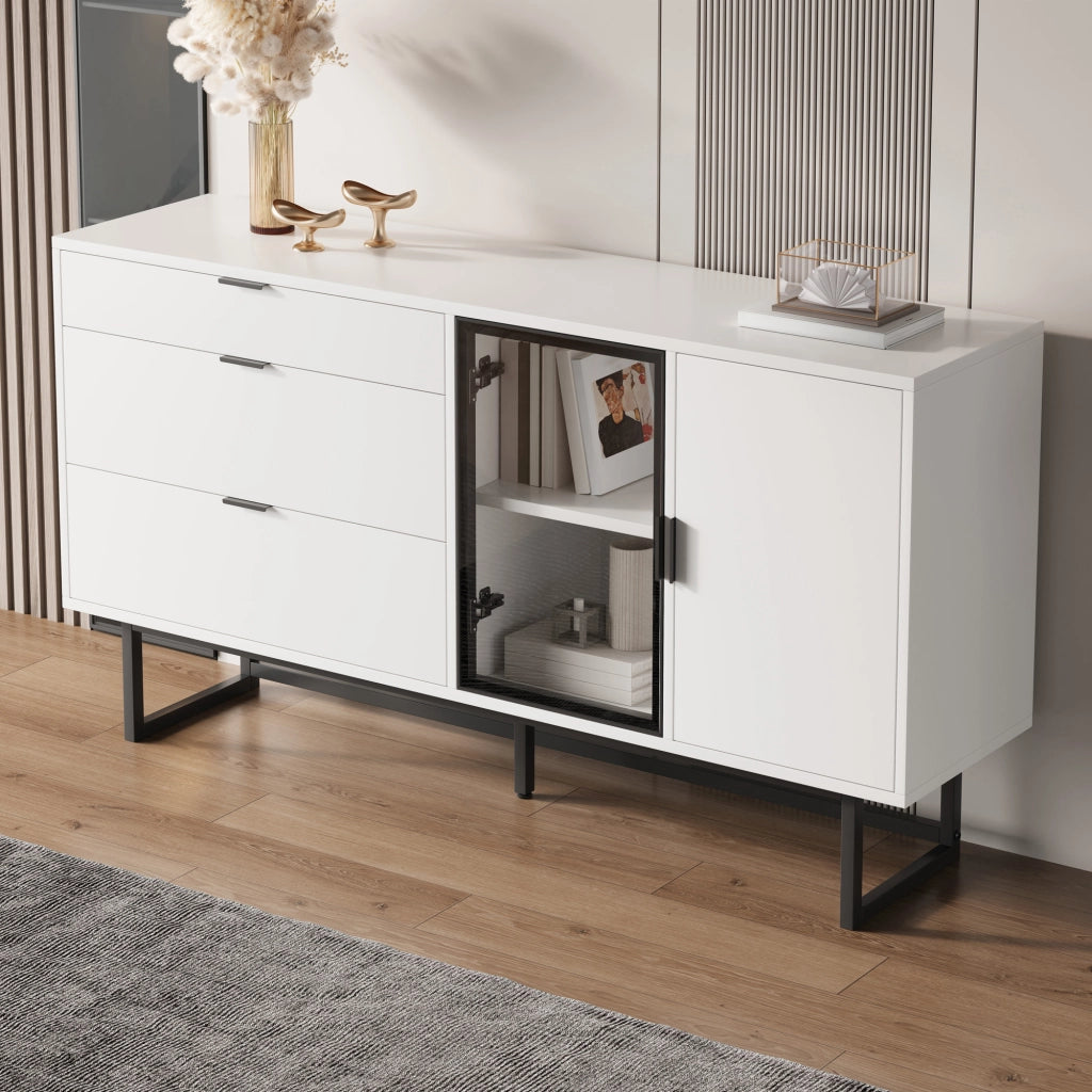 Credenza con 3 cassetti e vetrina LED - per soggiorno - 160x36x78 cm - bianco