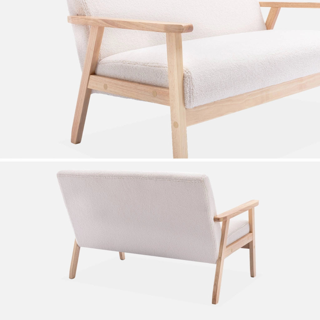 Divano in bouclé con gambe in legno, 2 posti, crema