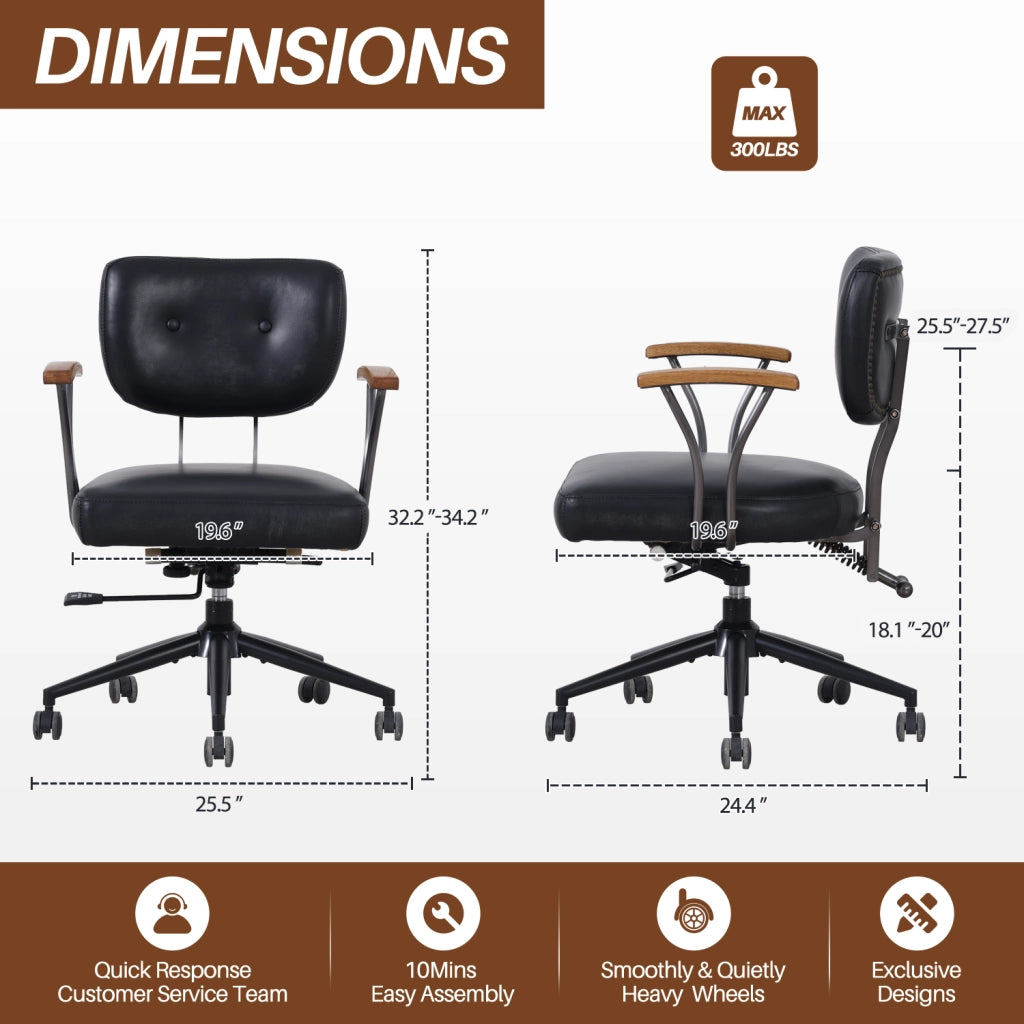 Sedia da ufficio ergonomica girevole con rotelle in pelle premium e struttura in metallo per ufficio domestico nera